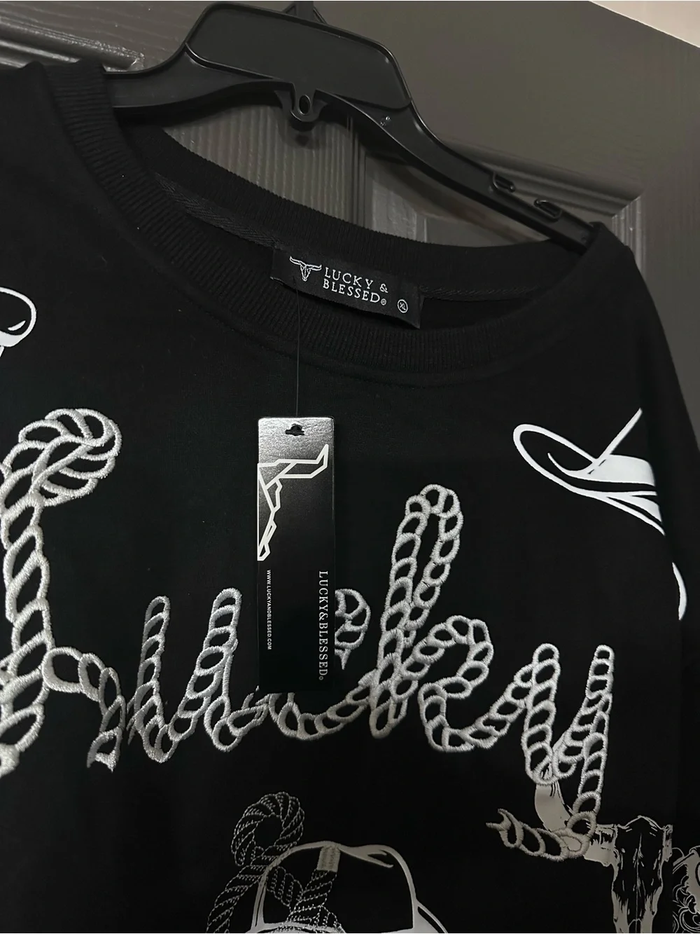 XL Lucky & Blessed Black Graphic Women’s Sweatshirt with White Western Print